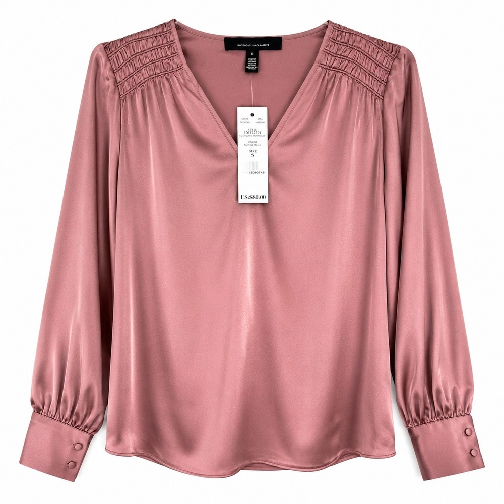 NWT White House Black Market Mauve Smocked Shoulder Satin Blouse Small
